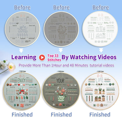 Embroidery Kit for Adult Beginners, 3-Pack 33-Stitch Practice Samplers, Pre-Stamped Patterns, 7.8 Inch Hoop, Threads and Needles, Step-by-Step Guide with Video