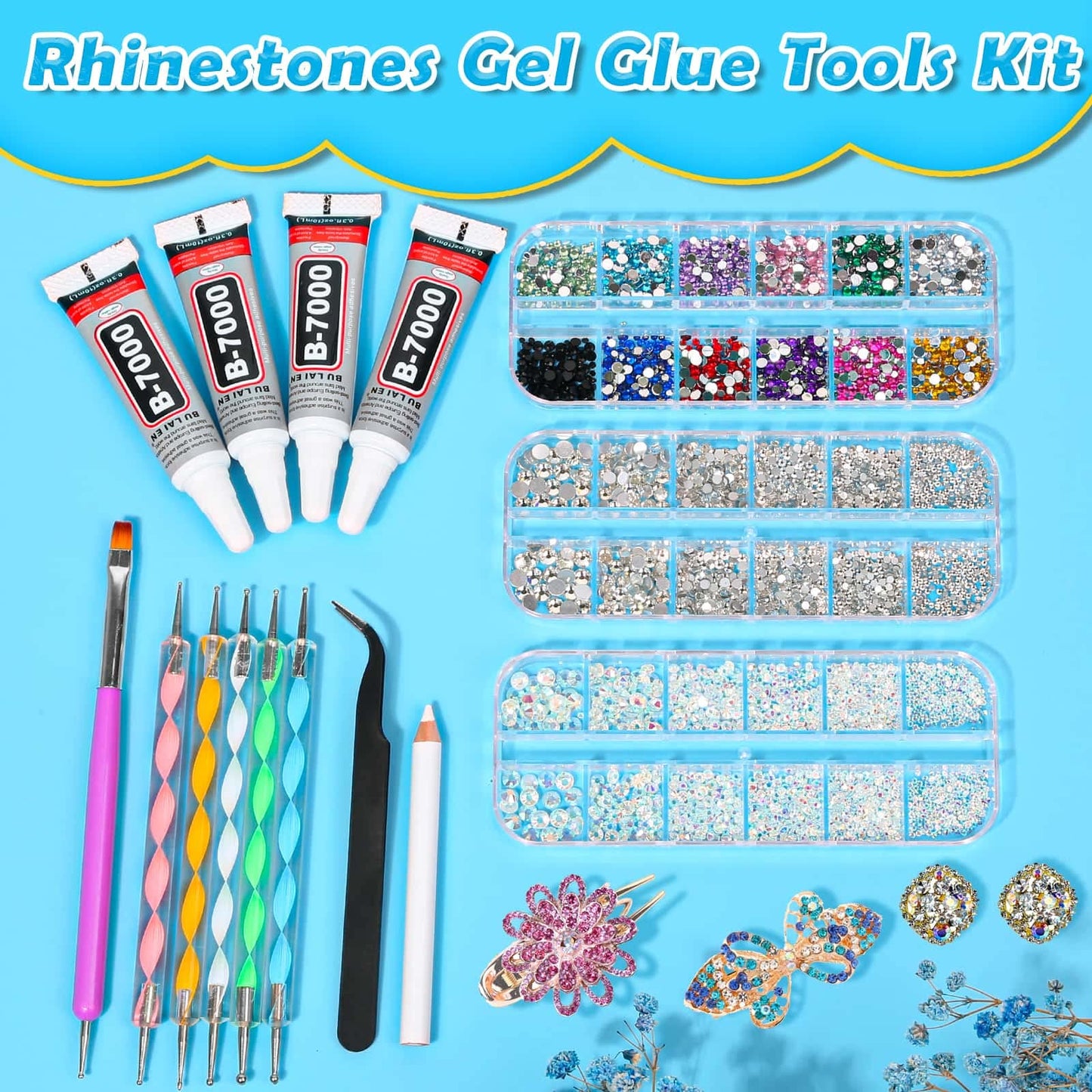 B7000 Jewelry Glue with Rhinestones for Crafts, 4500Pcs Rhinestones with Gems Adhesive for Shoes Cloth Fabric with Picker pencil for Crafting Diamond Art Graduation Cap Decorations