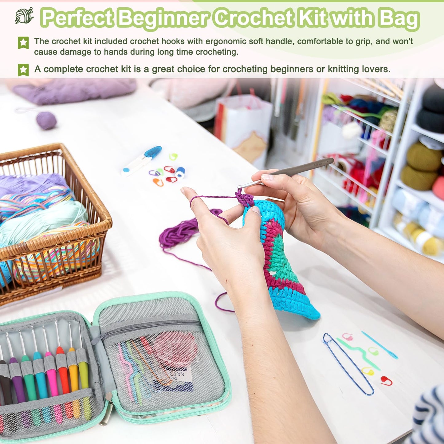 Crochet Hooks Set with Crochet Case, 73 pcs Knitting Accessories Ergonomic Crochet Hook for Making Bag, Glovers, Sock, Colorful Soft Handle Knitting Needles Kits DIY Hand Tool