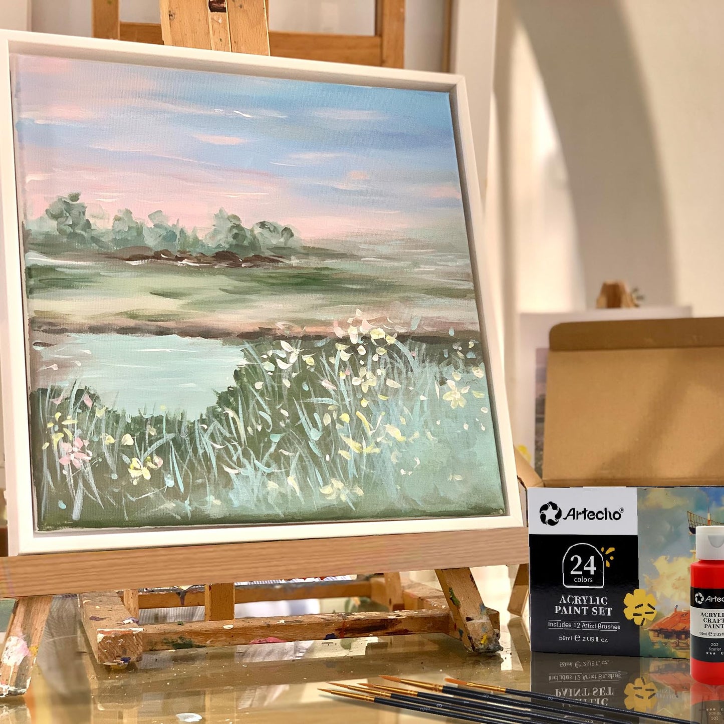 Acrylic Paint Set 24 Colors 2oz/59ml with 12 Brushes, Art Craft Paints Kit, Paint for Canvas, Rocks, Wood, Fabric, Ceramic and Art Supplies, Non Toxic Paint for Artists and Beginners