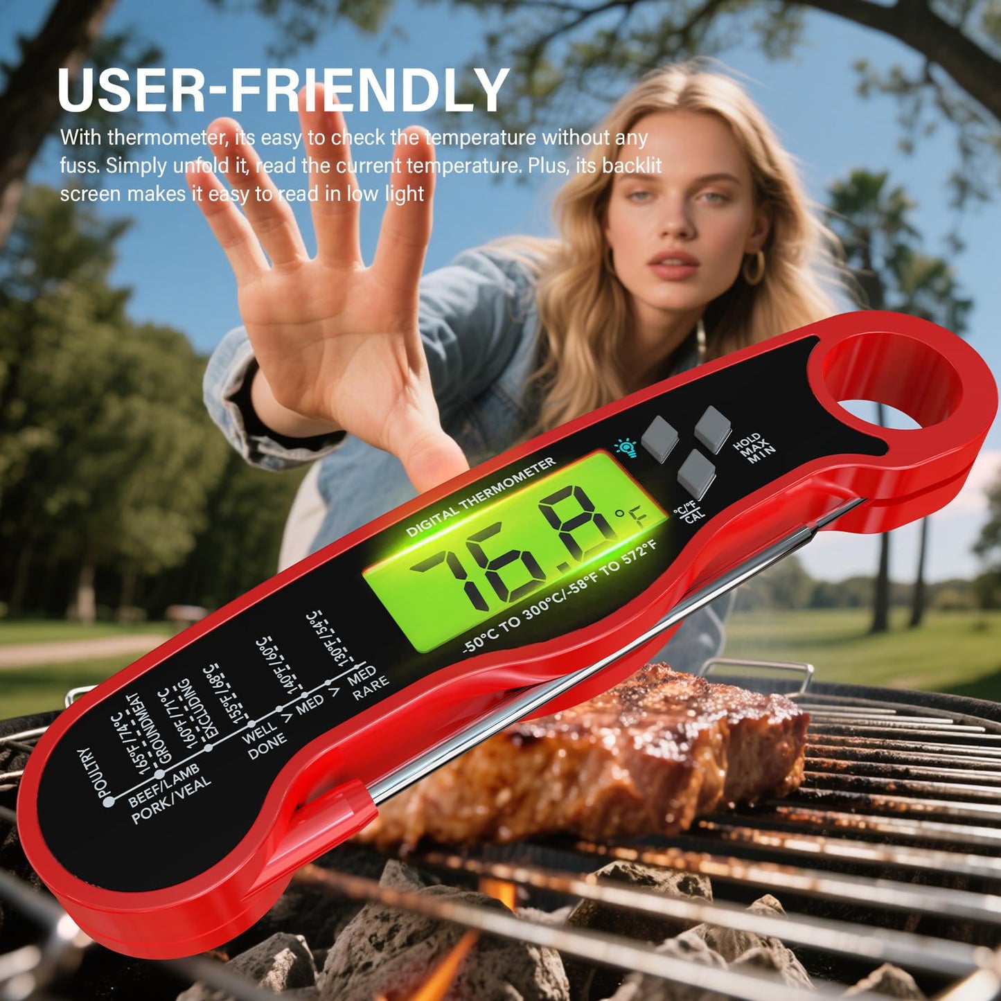 Instant Read Meat Thermometer for Grill and Cooking, Waterproof Fast Food Thermometer with Backlight, Digital Food Probe for Kitchen Cooking, Candy Making, Outside Grill - Red