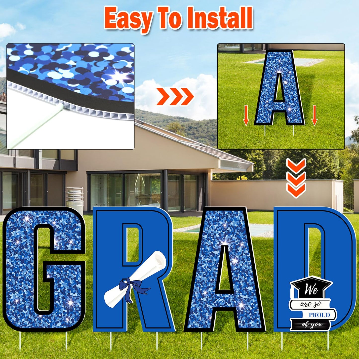 16 PCS Graduation Yard Signs, Blue Graduation Yard Signs Class Of 2025, 16 Inches Large Congrats Grad 2025 Yard Signs with Stakes For 2025 Graduation Decorations