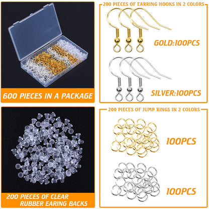 Hypoallergenic Earring Hooks, 600Pcs Earring Making Kit with Hypoallergenic Earring Hooks, Jump Rings and Clear Rubber Earring Backs for DIY Jewelry Making (Silver and Gold)
