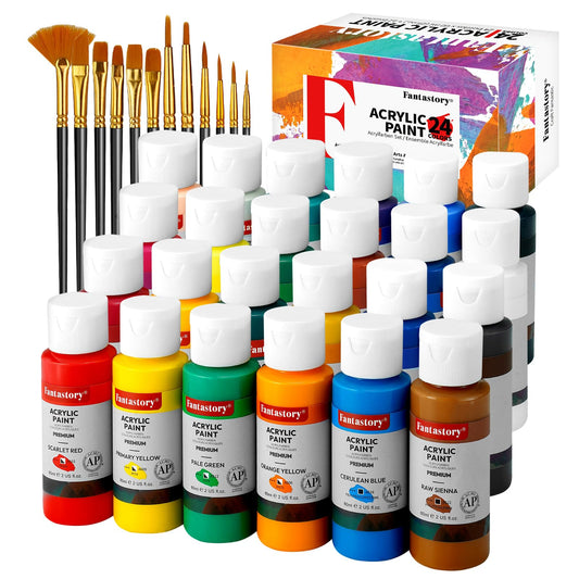 Acrylic Paint Set, 24 x 60 ml with 12 Brushes; Christmas Acrylic Paint, Waterproof; For Artwork & DIY Projects on Canvas, Wood, Glass, Clay, Fabric, Ceramic, Paper, Canvas