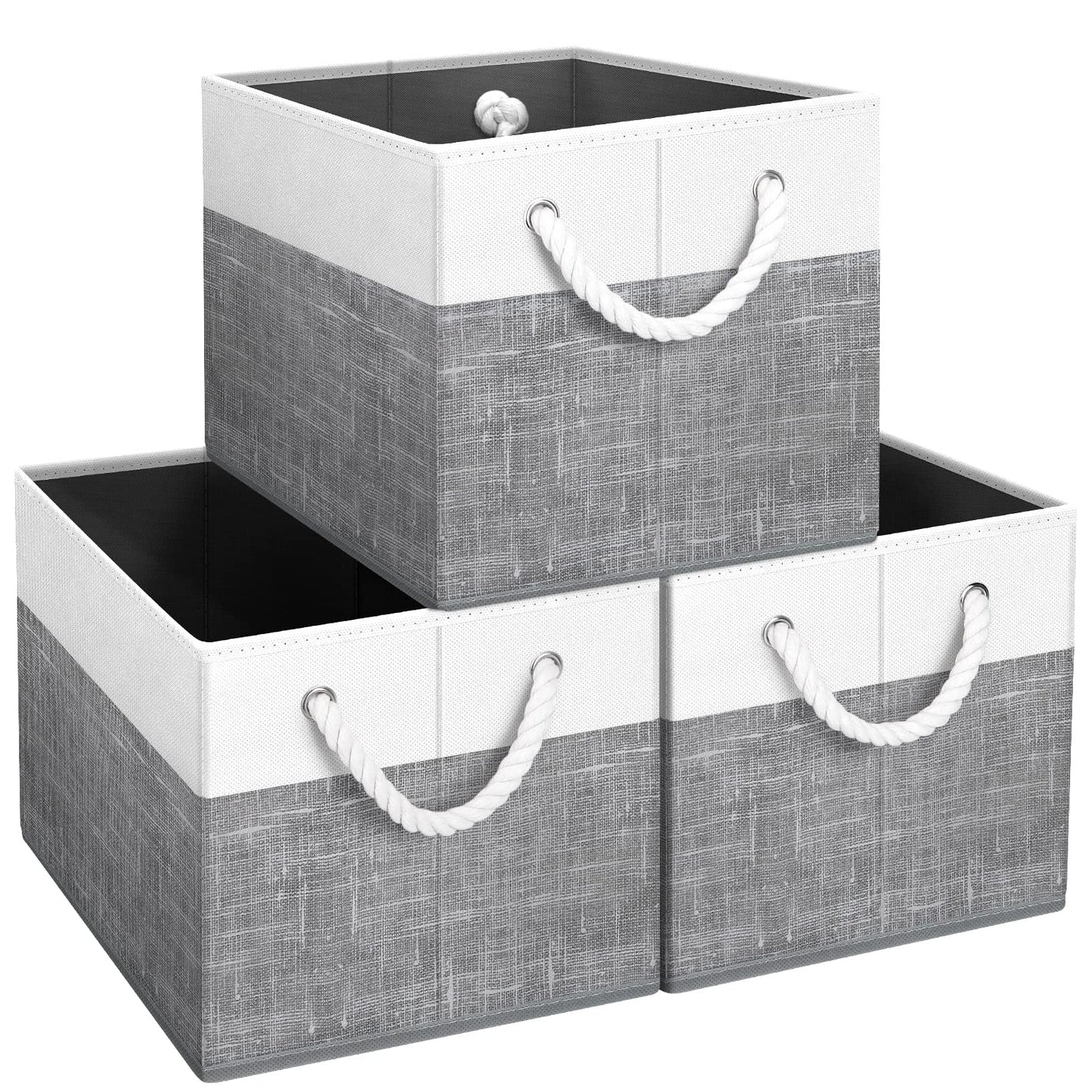Storage Bins [3-Pack], Foldable Storage Baskets for Organizing Toys, Books, Shelves, Closet, Large Storage Box with Rope Handles, Sturdy Organizer Bins, White & Grey