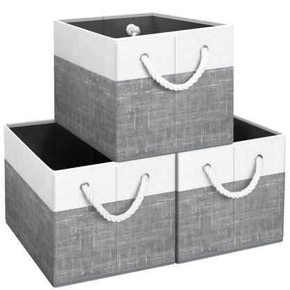 Storage Bins [3-Pack], Foldable Storage Baskets for Organizing Toys, Books, Shelves, Closet, Large Storage Box with Rope Handles, Sturdy Organizer Bins, White & Grey