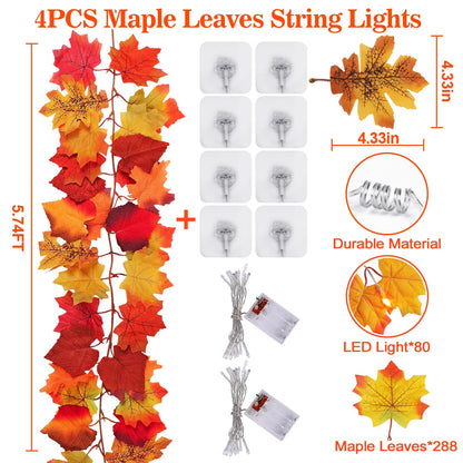 2 Pack Fall Decor for Home Thanksgiving Decorations Lighted Fall Garland Maple Leaves Total 11.8FT 40 LED Battery Operated Indoor Outdoor String Lights Garland Autumn Harvest Party Halloween Decor