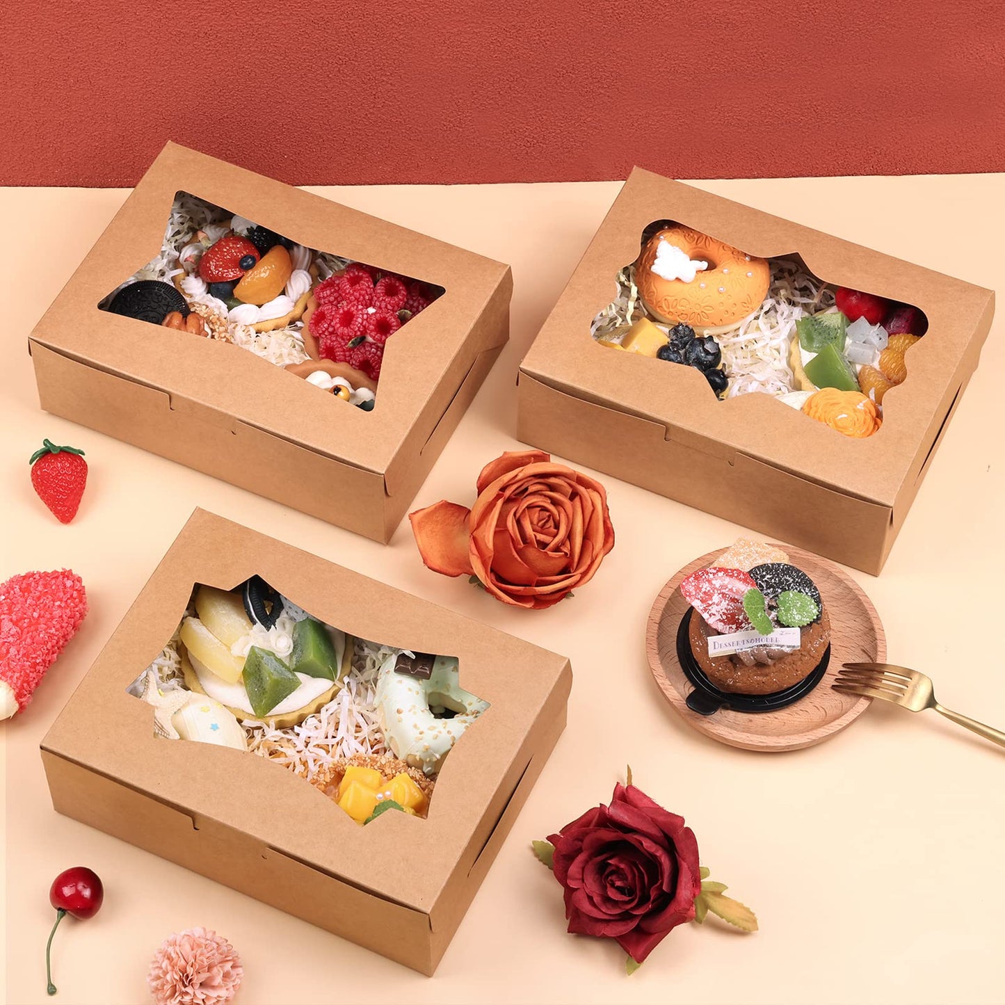 24pcs 8x6x2.5 Inches Cookie Boxes, Bakery Boxes with 3 Style Window, Treat Boxes, Pastry Pie Boxes for Chocolate Strawberries, Donuts, Cupcakes, Muffins and Dessert
