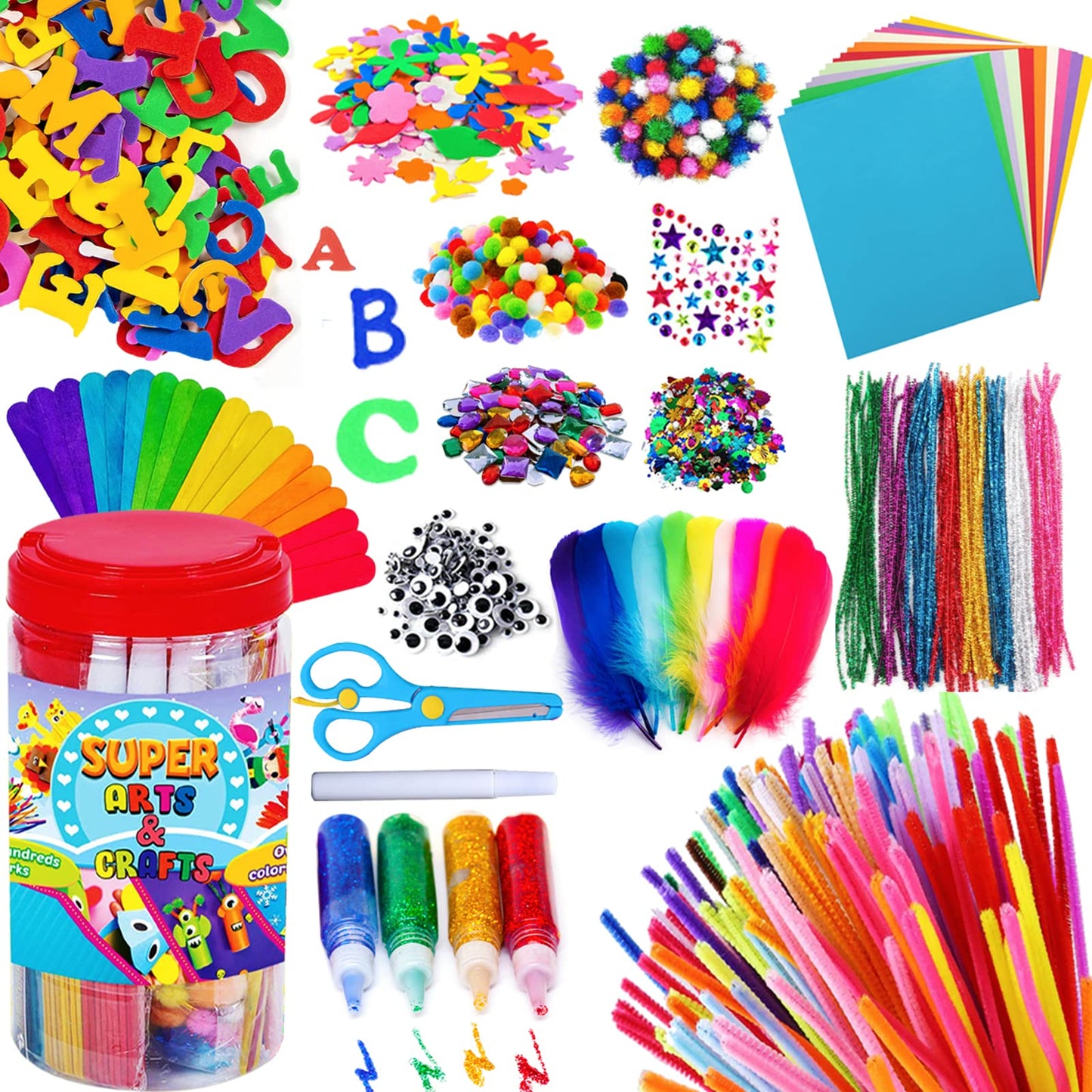 Arts and Crafts Supplies for Kids - Craft Art Supply Jar Kit for Student Age 4 5 6 7 8 9 10 Year Old Crafting Activity - Collage Arts Set for Toddlers Preschool DIY Classroom Home Project