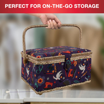Sewing Basket with Sewing Kit, Needles, Thread, Scissors, and Notions- Purple