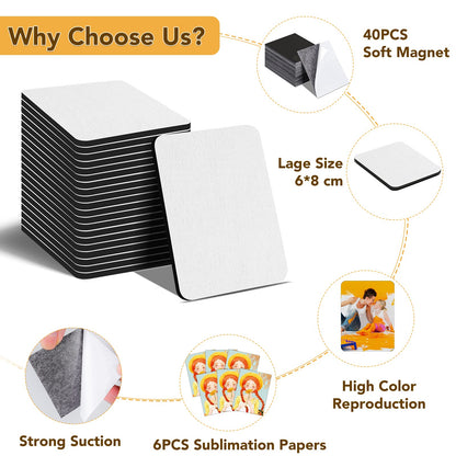 40 Pack Sublimation Magnet Blanks Set,Personalized Sublimation Refrigerator Magnet for Home Kitchen Microwave Oven Decor or Office Calendar with 40PCS Blank Rubber Pad(6x8cm),40PCS DIY Soft Magnetic