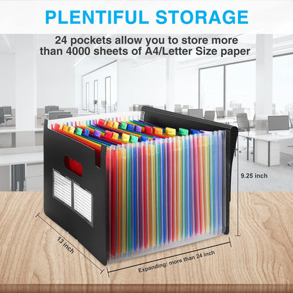 24 Pockets Expanding File Folder with Blank Labels, According File Organizer with Expandable Cover, Desktop Accordion Folders Letter A4 Paper Document Storage Organizer, Black