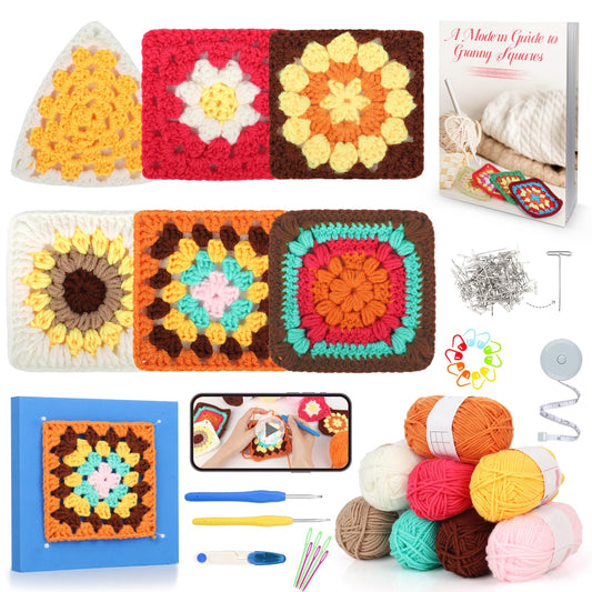 Beginner Crochet Kit for Adults & Kids - Granny Square Blanket & Bags Kit Includes Crochet Blocking Mat & Book