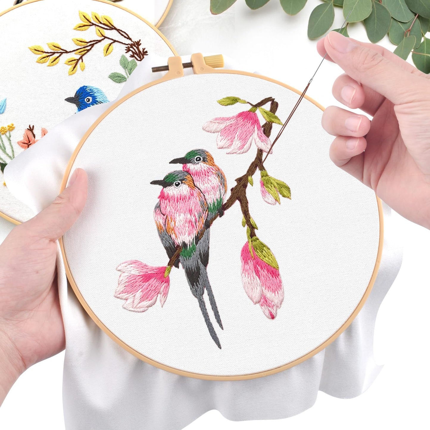 4 Sets Embroidery Kit for Beginners,Hummingbird and Flower Cross Stitch Set for Include Embroidery Cloth Hoops Threads for Craft Lover Hand Stitch (Flowers and Birds)