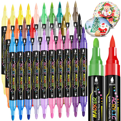 30 Colors Dual Tip Acrylic Paint Markers Pens- Premium Acrylic Paint Markers, Brush & Round Tips, Quick-Drying - for Rock, Canvas, Ceramic, Wood (30 Colors)