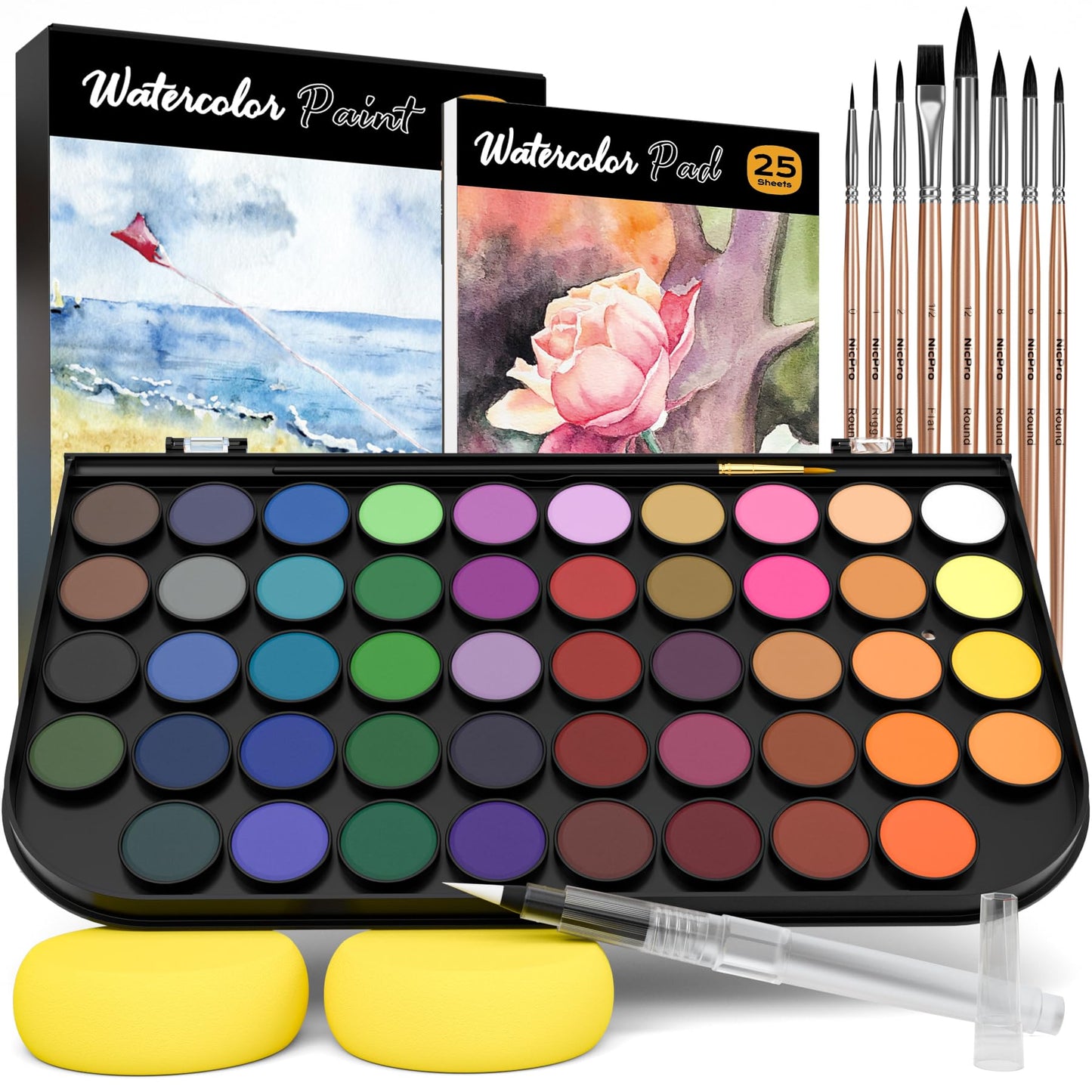 Watercolor Paint Set, 48 Water Colors Kit with 8 Painting Brushes, Palette, Watercolor Pen, 25 Art Pad Paper, 2 Art Sponges, Non-toxic Painting Supplies for Kids, Adults, Beginners, Artists