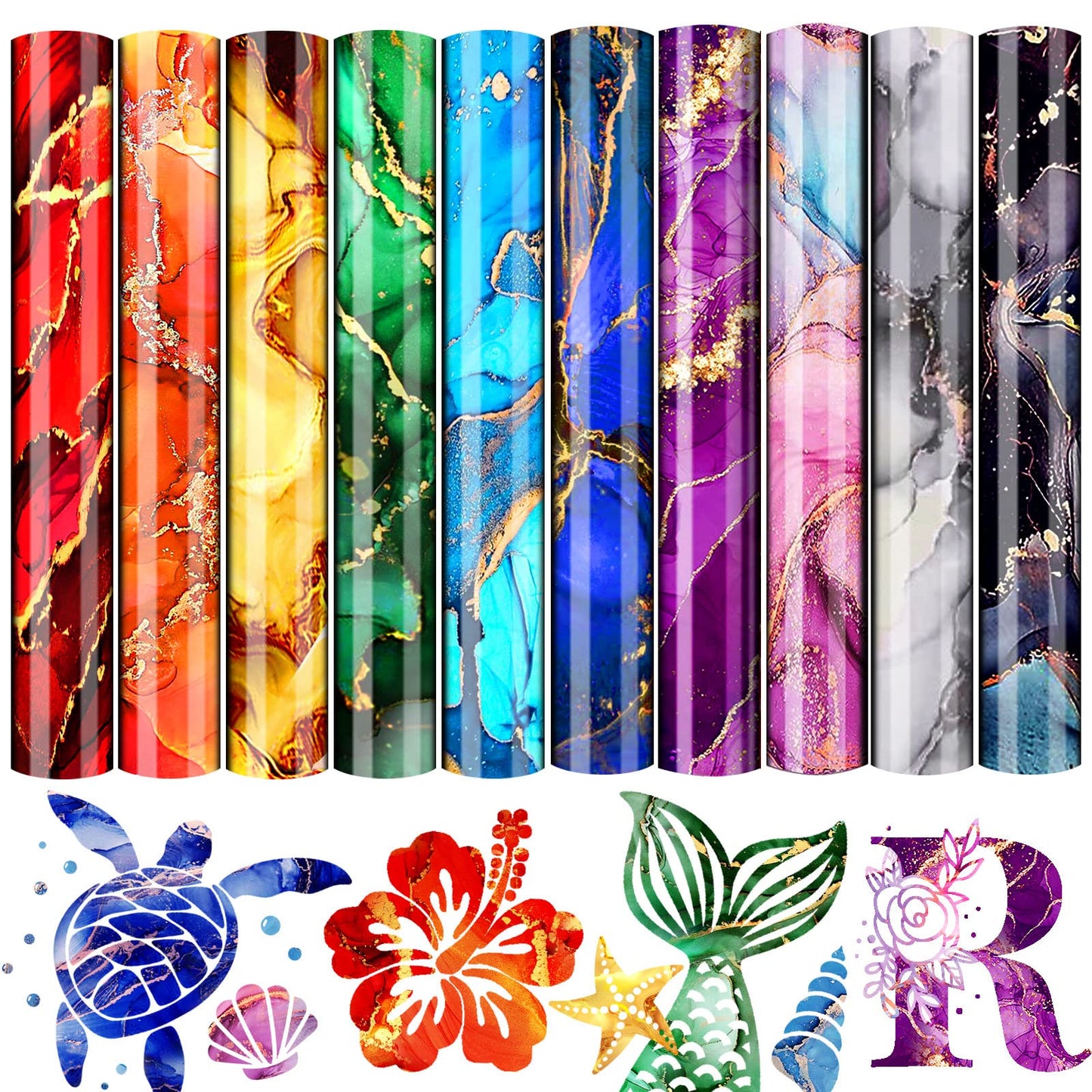 10 Sheets Marble HTV Heat Transfer Vinyl 12 x 10 Inch Tie Dye HTV Glitter Watercolor Pattern Vinyl Permanent Print for T-Shirts, Clothes, Bags, Hats