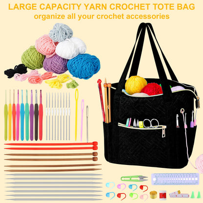 Crochet Bag Organizer for Yarn Storage, Velvet Knitting Tote Bag with Double Handle for Crochet Accessories, Portable Travel Case for Yarn Balls, Crochet Hooks& Knitting Needles Holder (Black)