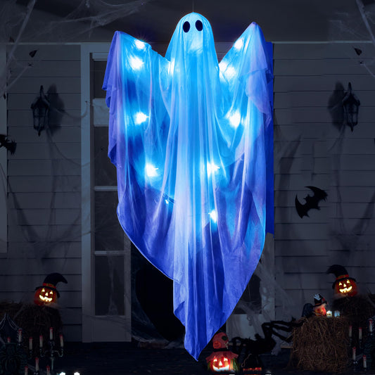 Halloween Hanging Light up Ghost with Spooky Blue LED Light, 47” White Ghosts Halloween Hanging Decoration for Front Yard Patio Lawn Garden Party Decor Indoor Outdoor