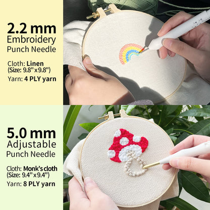 Embroidery Punch Rug Punch Beginner Kit, 2 Different Adjustable Punch Needle Tool with 9"x9" Monk's Cloth and Pita Cloth