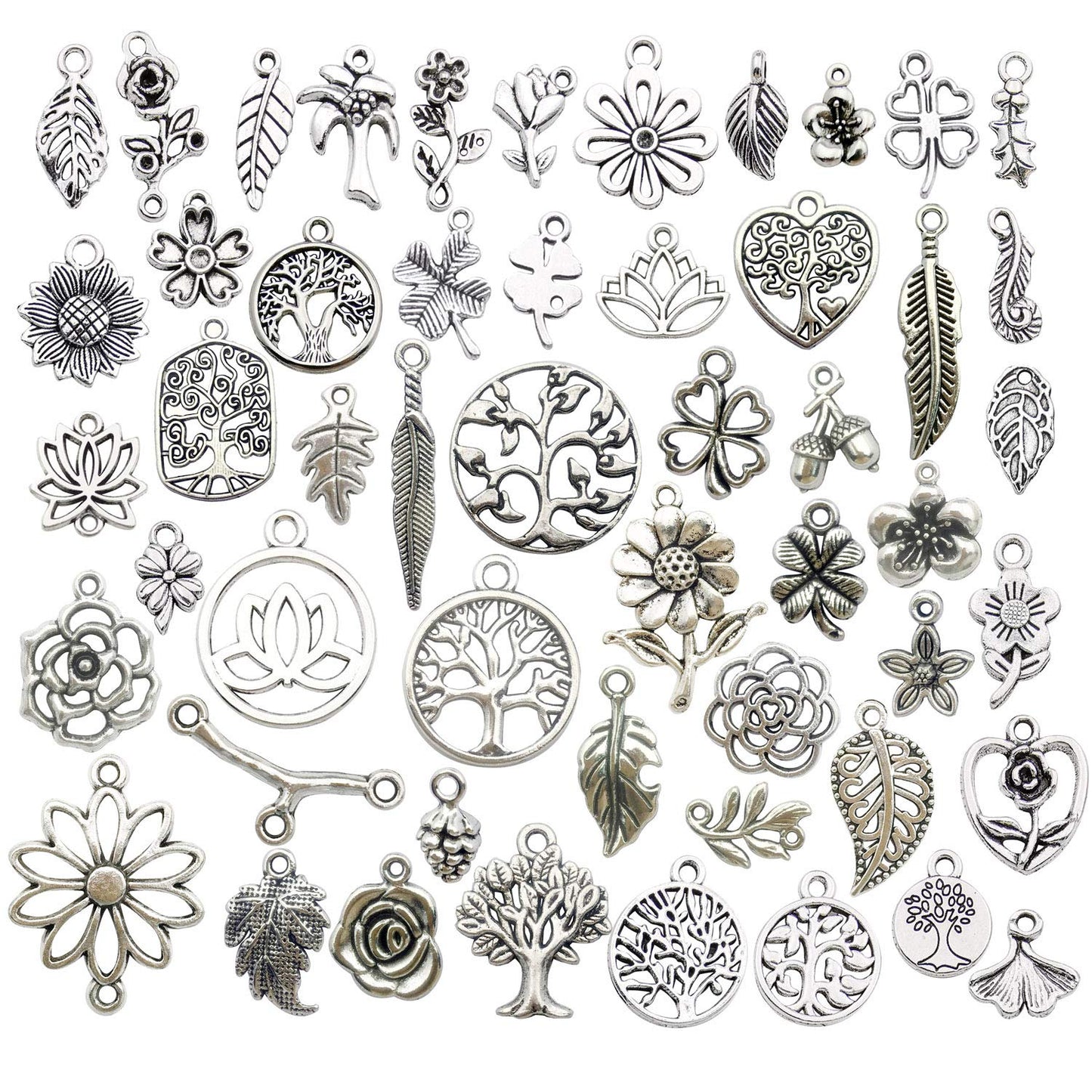 100pcs Mix Silver Tree Flower Charms Collection, Bulk Mini Small Little Charms Metal Pendant Craft Supplies Findings for Necklace and Bracelet Jewelry Making (HM291)