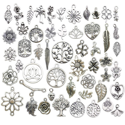 100pcs Mix Silver Tree Flower Charms Collection, Bulk Mini Small Little Charms Metal Pendant Craft Supplies Findings for Necklace and Bracelet Jewelry Making (HM291)