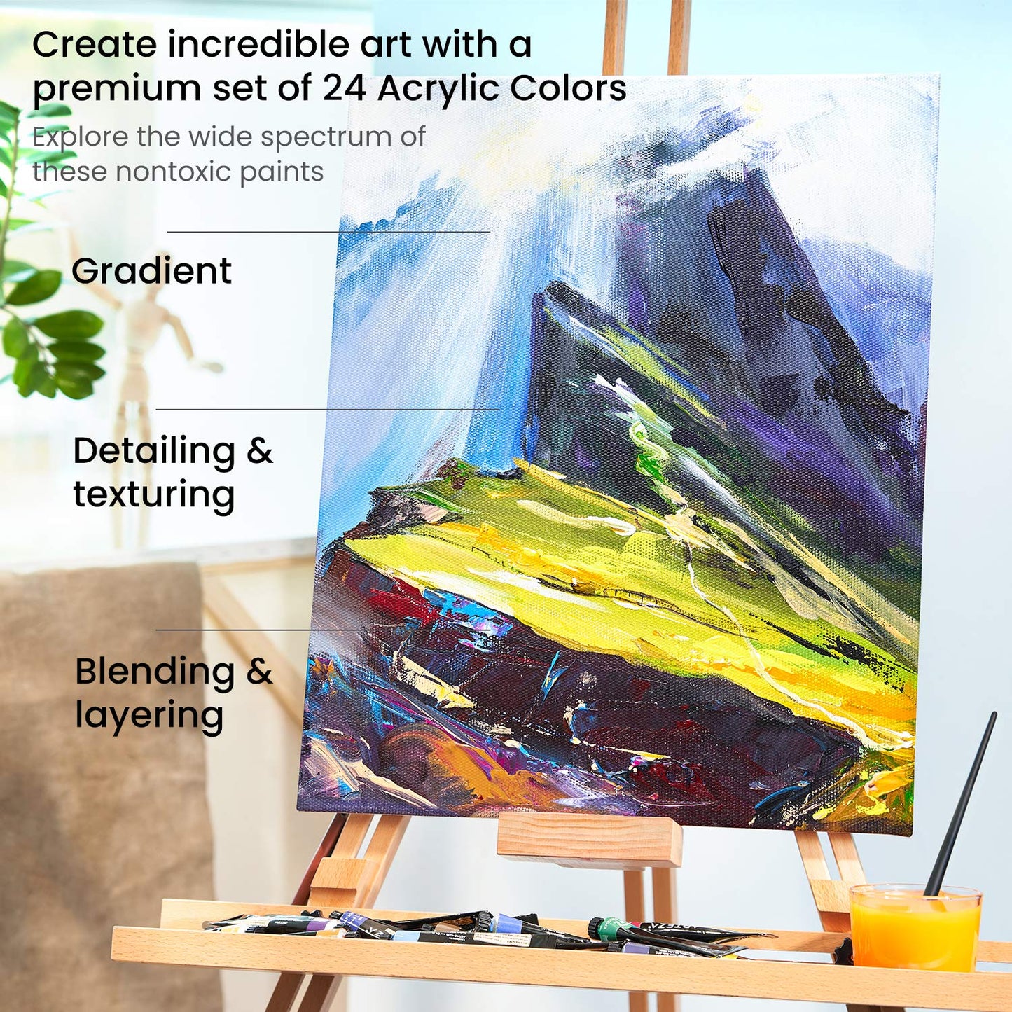 Acrylic Paint Set of 24 Tubes (0.74 oz, 22 ml) Non Toxic Acrylic Artist Paints, Heavy Body Acrylic Paint Art Supplies for Canvas Painting