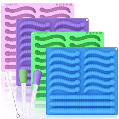 Gummy Worm Molds Silicone 6ML 14ML, 4PCS Non-Stick Silicone Large Worm Molds for Chocolate Gummy Candy 60 Cavity with 2 Droppers & Brush, Ideal Gift for Kids Adult Halloween Party