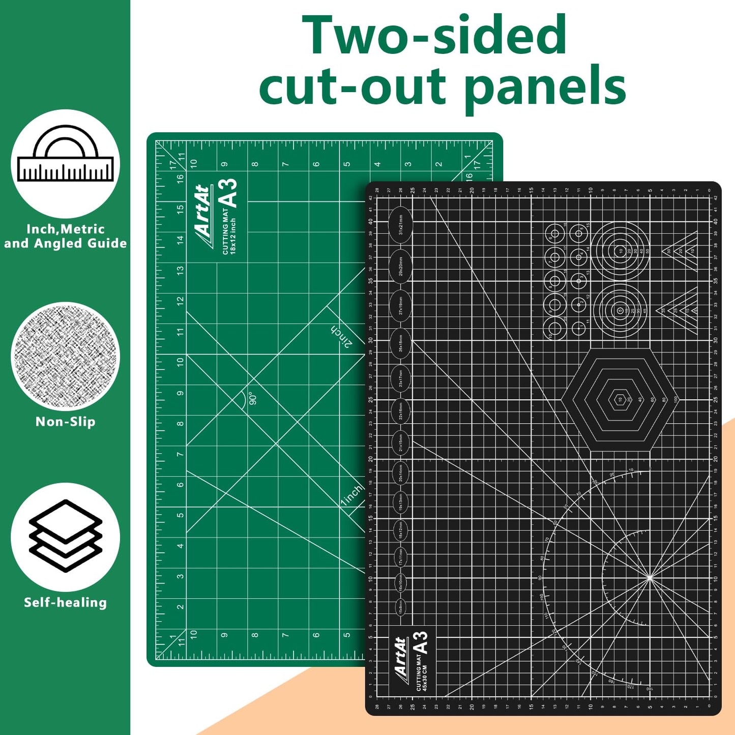 Self Healing Cutting Mat: 12inch x 18inch Double Sided 5-Ply Fabric Cutting Mat for Sewing, Quilting & Arts & Crafts - Gridded Rotary Cutting Board Mat in Green/Black.
