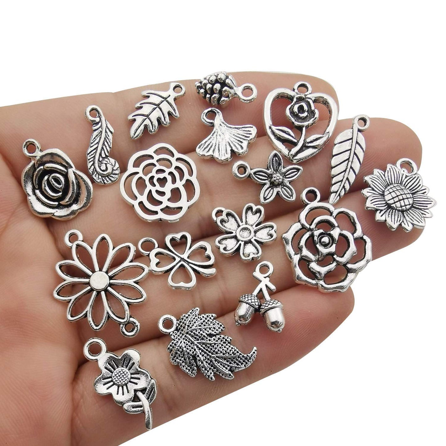 100pcs Mix Silver Tree Flower Charms Collection, Bulk Mini Small Little Charms Metal Pendant Craft Supplies Findings for Necklace and Bracelet Jewelry Making (HM291)