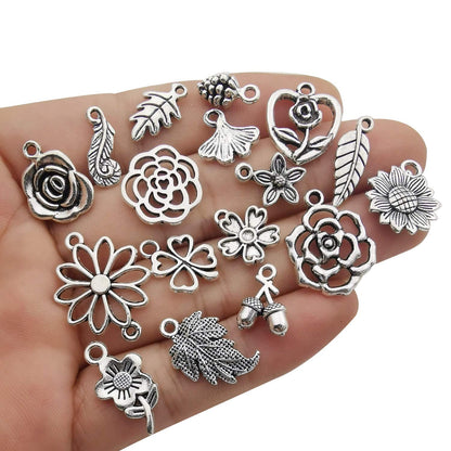 100pcs Mix Silver Tree Flower Charms Collection, Bulk Mini Small Little Charms Metal Pendant Craft Supplies Findings for Necklace and Bracelet Jewelry Making (HM291)