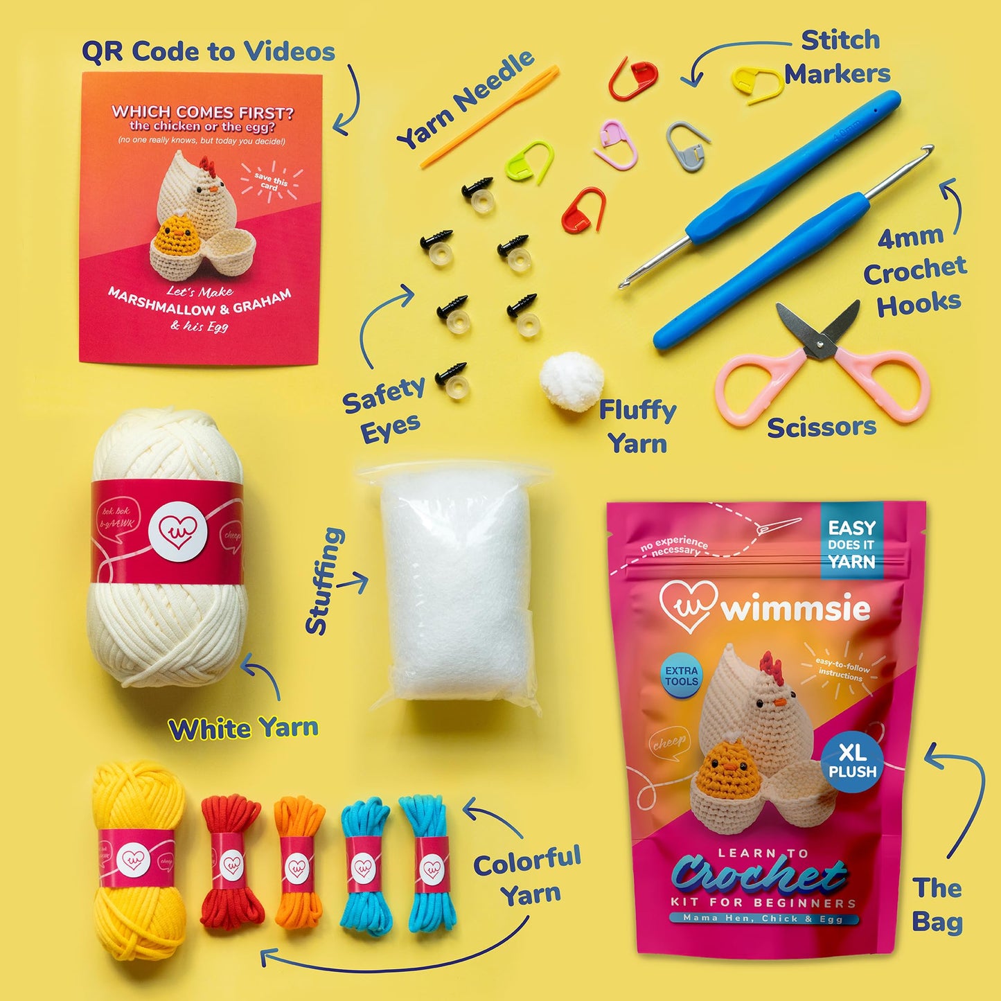 Crochet Animal Kit for Beginners - Easy Beginner Crochet Kit for Kids - Amigurumi Chicken Chick & Egg - 3 Kawaii Stuffed Animals - Cute DIY Yarn Plush