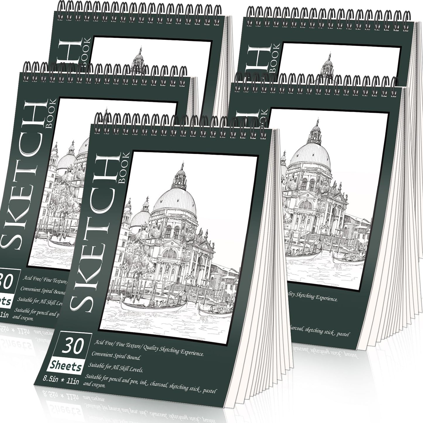 5 Pack Sketch Book 8.5" x 11" Set, Top Spiral Bound Sketch Pad 150 Sheet Total (68lb/100gsm), Drawing Paper Pad, Sketch Book for Kids, Artist, Adult Art Supplies