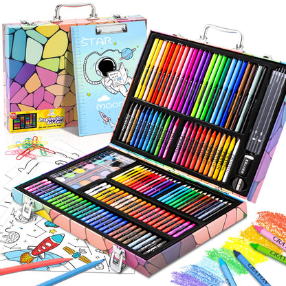 Art Supplies, 180 Piece Drawing Painting Art Kit with Clipboard and Coloring Papers, Gifts Art Set Case with Oil Pastels, Crayons, Colored Pencils, Watercolor Cakes