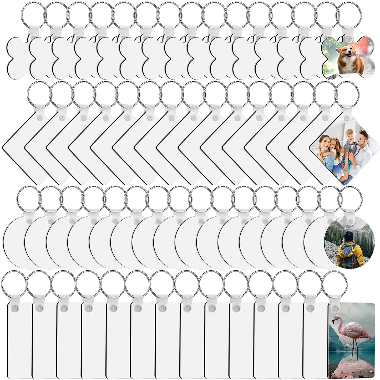 120Pcs Sublimation Keychain Blanks Bulk, DIY MDF 4 Shape Sublimation Blank Keychain with Keyrings, unisex-adult Double-Sided Printed Heat Transfer Keychain, White