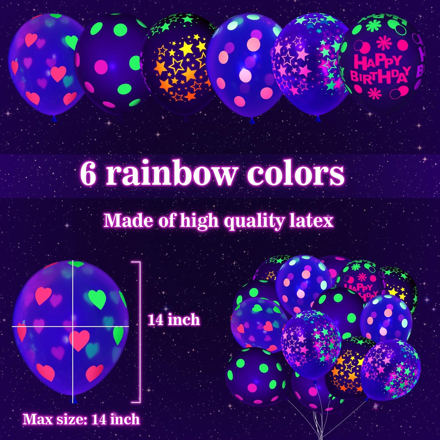 60 Pcs UV Neon Balloons, 14 Inch UV Black Light Balloons Glow in the dark for Birthday Decorations Wedding Glow Party Supplies Blacklight Carnival