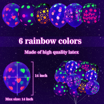 60 Pcs UV Neon Balloons, 14 Inch UV Black Light Balloons Glow in the dark for Birthday Decorations Wedding Glow Party Supplies Blacklight Carnival