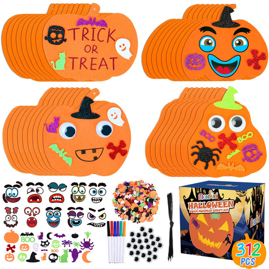 312 PCS Halloween Pumpkin Foam Stickers, Halloween Craft Kit for Kids Bulk Glitter Set DIY Self-Adhesive Halloween Decoration