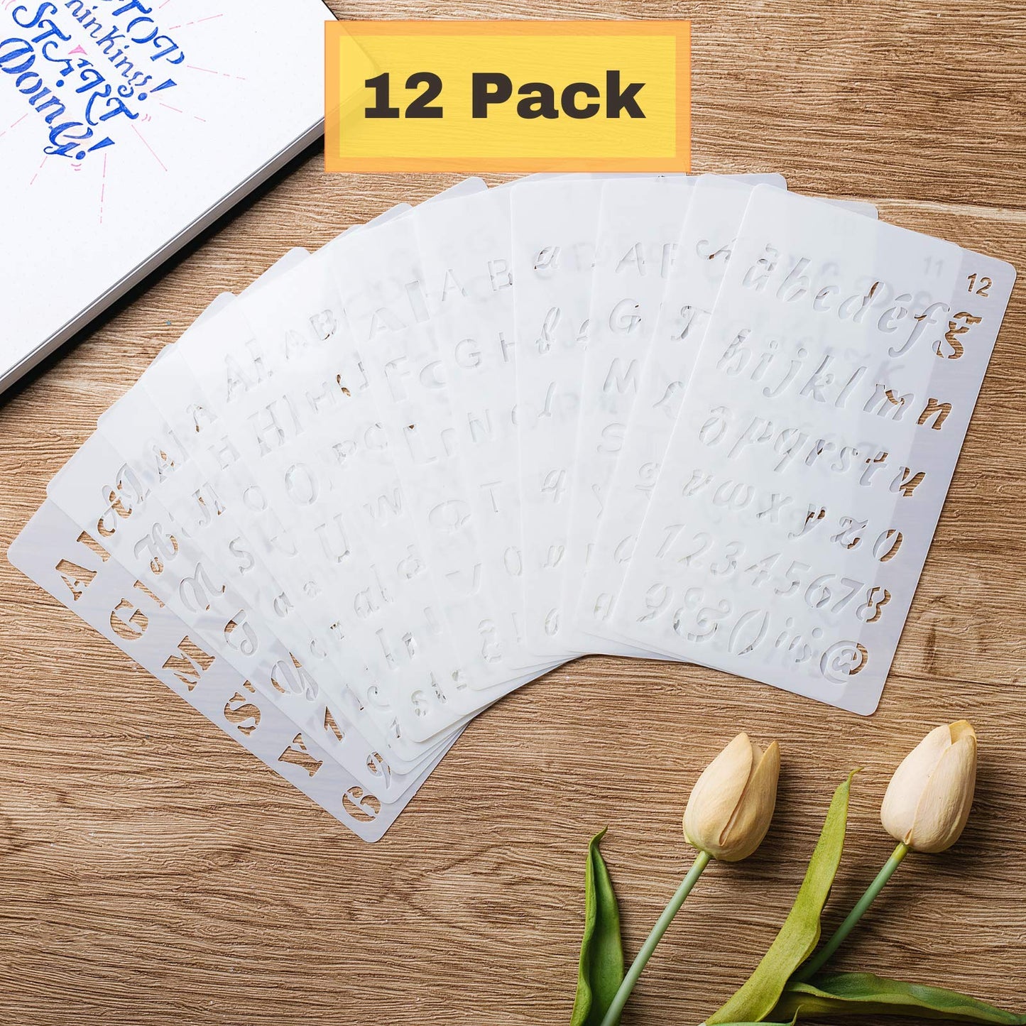 12 Pack Letter Stencils, 4 x 7 Inch, Alphabet Stencils for Bullet Journaling
