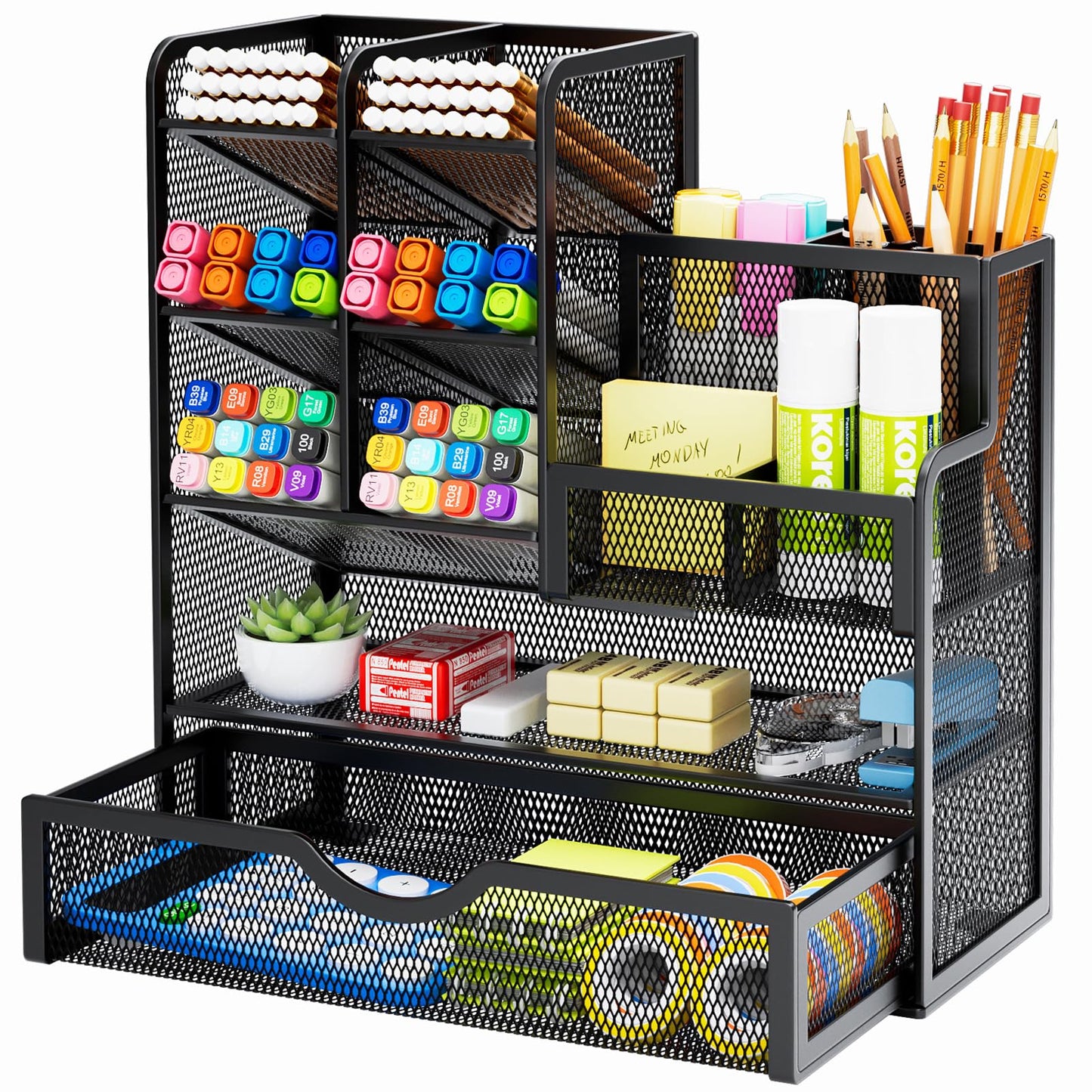 Mesh Pen Holder for Desk, Multi-Functional Pencil Organizer with Drawer, Desk Organizers and Accessories for Office Art Supplies (Black)