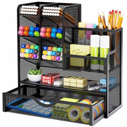 Mesh Pen Holder for Desk, Multi-Functional Pencil Organizer with Drawer, Desk Organizers and Accessories for Office Art Supplies (Black)