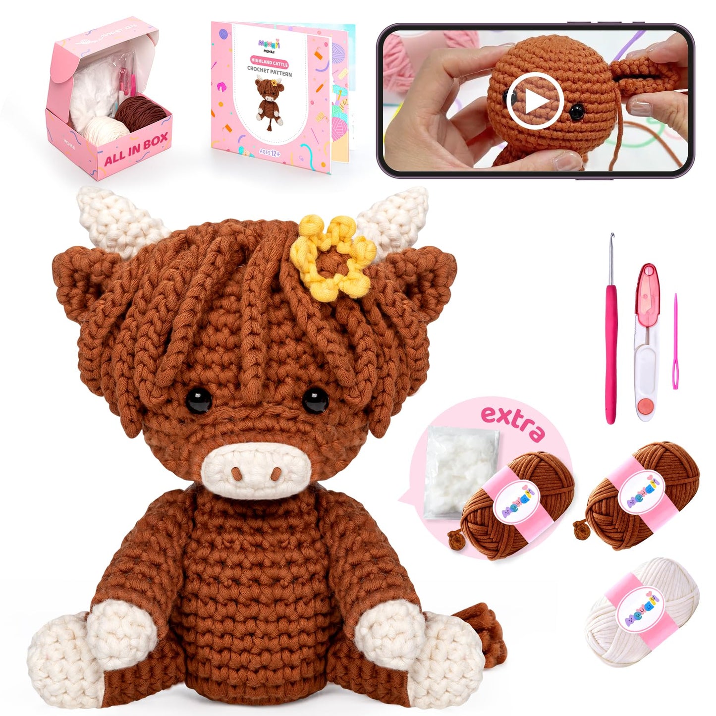 Crochet Kit for Beginners with 40% Extra Eco-Friendly Pre-Started Easy Yarn, Step-by-Step Video Tutorials for Adults and Kids (Highland Cattle)