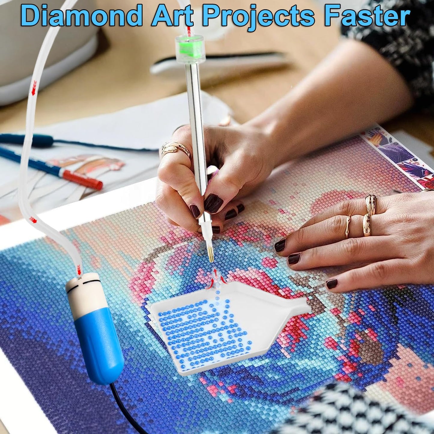Diamond Art Painting Pen, Painter Vacuum Diamond Art Pen,Electric Diamond Art Painting Pen, Vacuum Diamond Art Accessories Tool with Storage Tray (Blue)