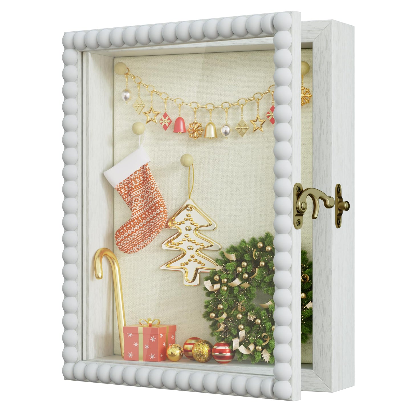Shadow Box Frame 8x10,Wood Deep Shadow Box Display Case with Unique Beads Door and Glass Window, Memory Box for Pictures,Medals,Memorabilia,Collections White