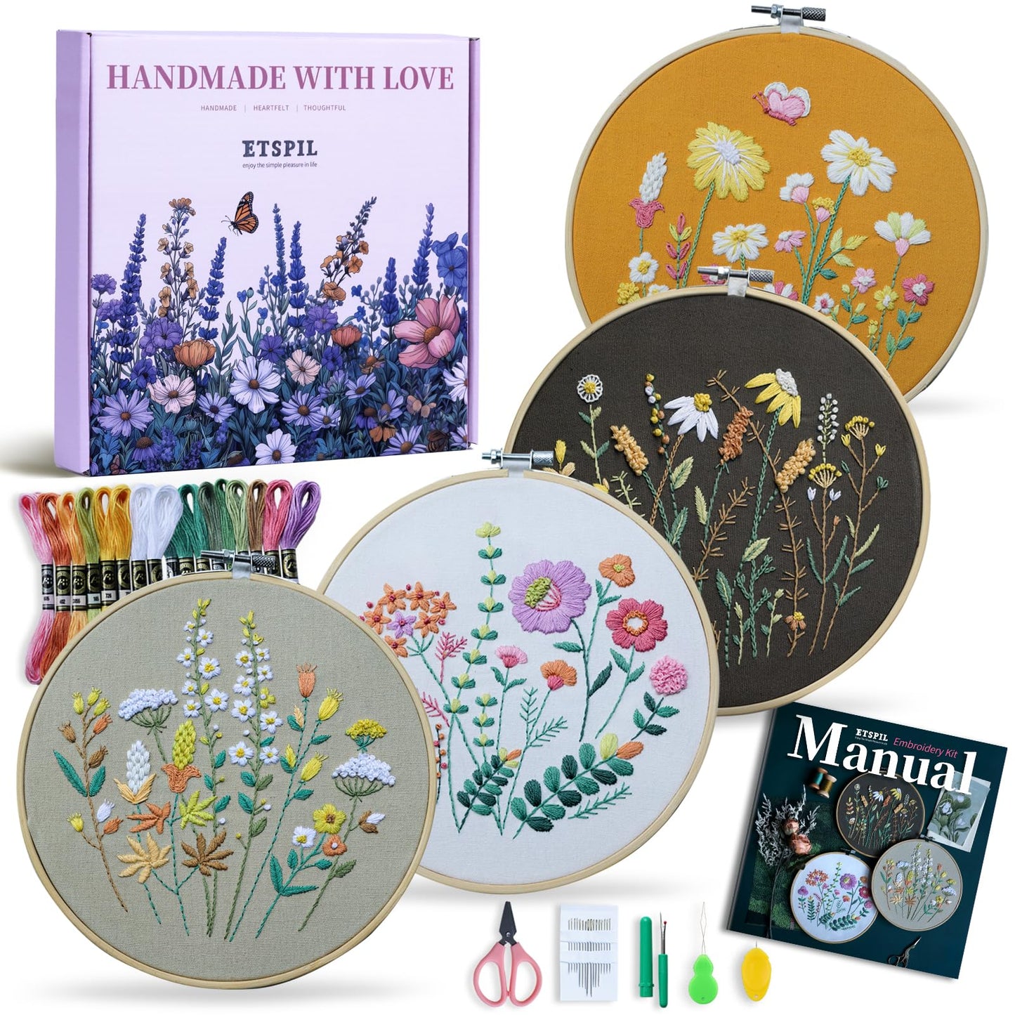 4 Pack Beginner Embroidery Kits for Adults – DIY Starter Set with Stamped Floral Patterns, 7-Inch Adjustable Bamboo Hoop, Colorful Threads, Tools, Step-by-Step Instructions & Video Tutorials
