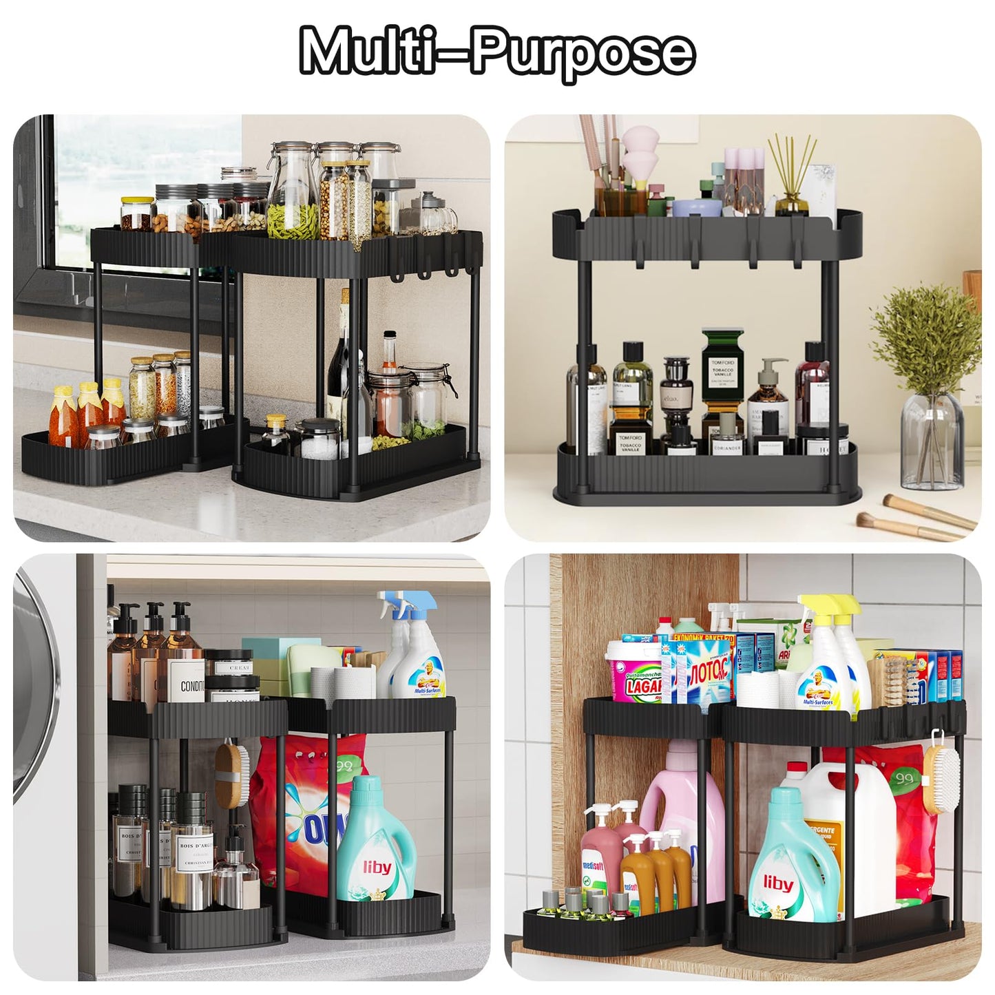 2 Pack Multi-Purpose Pull-Out Storage Organizers, Under Sink Organizers and Storage for Bathroom & Kitchen, Under Cabinet Organizers and storage, 12.8 Inch, Black