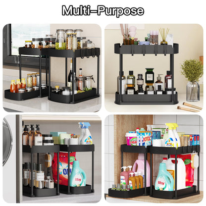 2 Pack Multi-Purpose Pull-Out Storage Organizers, Under Sink Organizers and Storage for Bathroom & Kitchen, Under Cabinet Organizers and storage, 12.8 Inch, Black