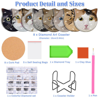 8 Pieces Diamond Art Painting Coasters Kit with Holder, Diamond Art Coasters, DIY Diamond Art Crafts Projects, Diamond Dot Kits for Adults and Beginners(Cat Style)