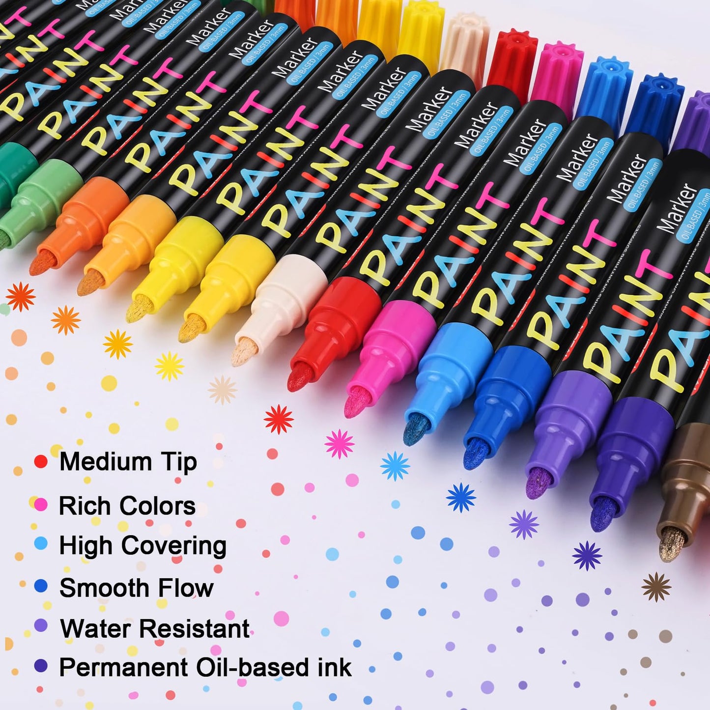 Paint Pens Paint Markers, 20 Colors Oil-Based Waterproof Marker Pen Set, Never Fade Quick Dry and Permanent, Works on Rocks Painting, Wood, Fabric, Plastic, Canvas, Glass, Mugs