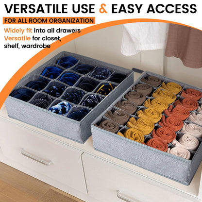 3 Pack Sock Underwear Organizer Dividers, 64 Cell Drawer Fabric Foldable Cabinet Closet Storage Boxes for Storing Socks, Underwear, Ties (16+24+24 Cell, Gray)